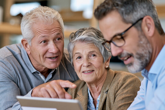 Three people gather closely around a tablet. Their smiles suggest joy and connection. Senior woman gazes with warmth and curiosity. Two men lean in, sharing smiles and interest