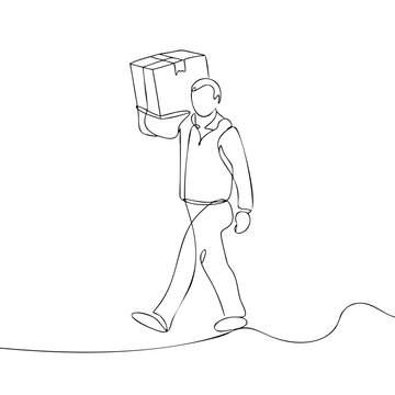 Minimalist continuous line art of delivery courier man carrying heavy cardboard parcel box on shoulder while walking along straight path.