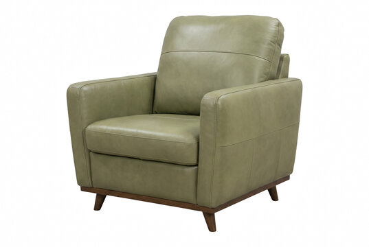 Modern Sage Green Leather Armchair with Wooden Base