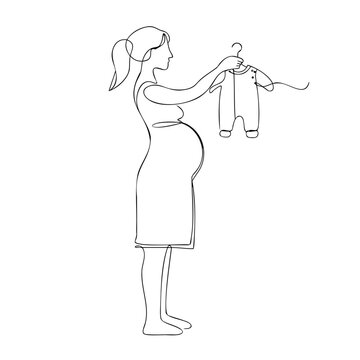 Continuous line drawing of pregnant woman looking at baby clothes for expectant mother concept.