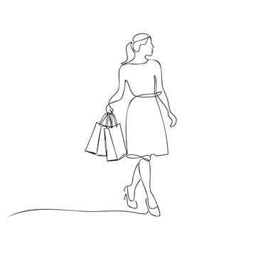 Continuous line drawing of woman carrying shopping bags isolated on a transparent background, perfect for retail and fashion promotions.