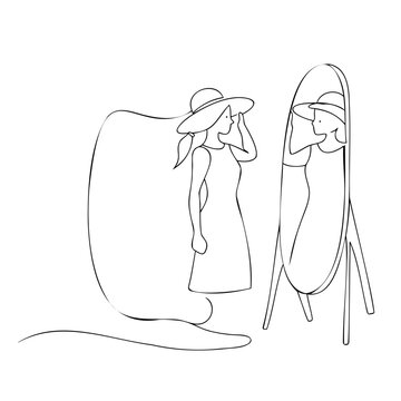 Elegant woman wearing summer hat looking at her reflection in tall mirror showcases personal grooming and apparel fitting room moments.