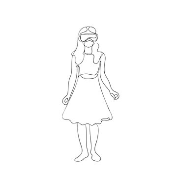 Continuous line drawing of woman wearing virtual reality headset on a transparent background, representing futuristic technology.