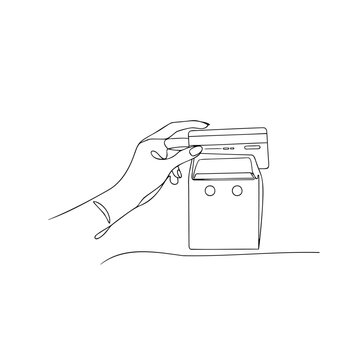 Continuous one line drawing of hand holding credit card inserting into a payment terminal on a transparent background.