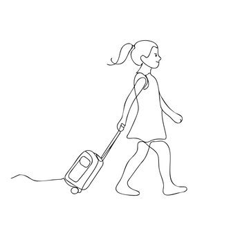 Girl with ponytail walking with suitcase, girl traveling alone, young person with luggage, simple line art for travel concept.
