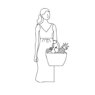 Continuous line drawing of woman holding a basket full of fresh fruits on a transparent background, symbolizing healthy living.