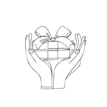 Pair of hands carefully holding a wrapped gift box tied with a bow, surprise present concept, simple line drawing for celebrations.