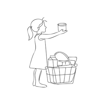 Girl with pigtails holding jar, girl shopping for groceries, girl with basket full of food, simple line art concept.