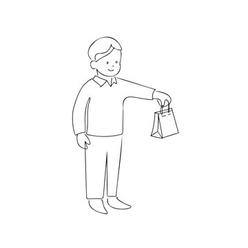 Young boy holding shopping bag, boy offering purchase, casual clothing, simple line art for retail or commerce concept.