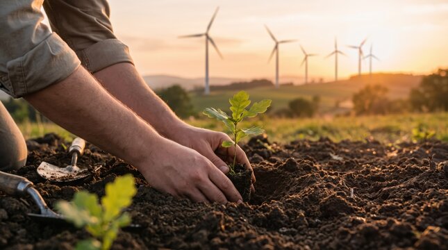 Hands planting young oak tree sapling in soil field with wind turbines in during sunset, symbolizing renewable energy, reforestation, sustainability and environmental protection