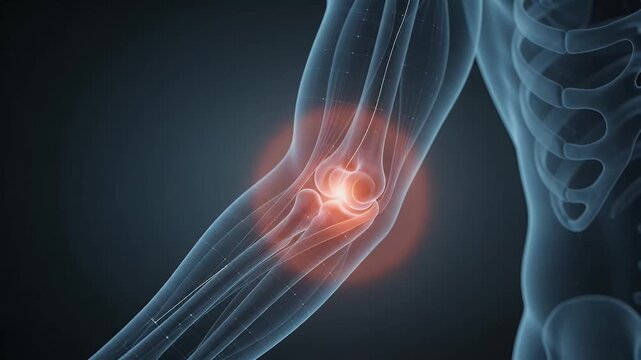 Human elbow joint pain and inflammation highlighted in blue skeletal x-ray, medical visualization of aching joint and disease, healthcare concept