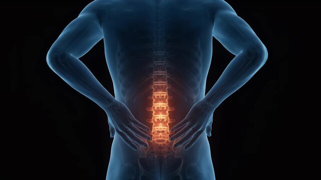 Human spine glowing with pain in the lower back area, representing lumbar discomfort and medical issues, on a dark background