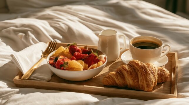 Cozy morning breakfast tray with fresh fruit bowl, croissant, black coffee in white cup, small milk jug, golden fork, and soft white bed linens