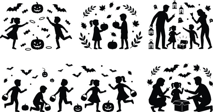 Family halloween activities trick or treat children costumes pumpkin bats candy treasure hunt silhouette vector illustration set