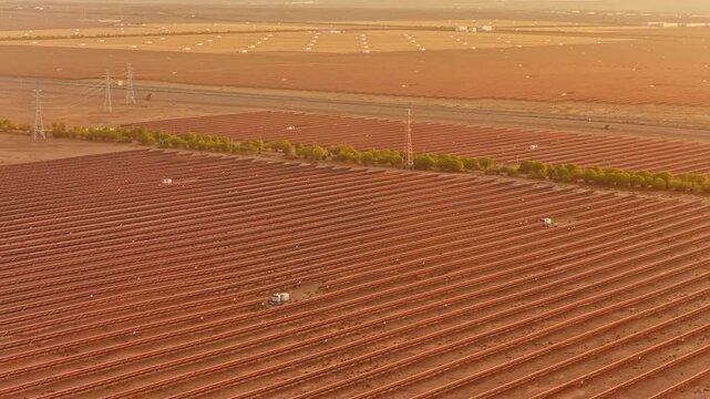 Solar photovoltaic panels at sunrise/sunset; wind turbine power plant; new energy