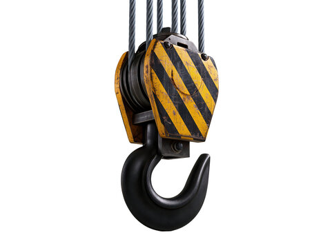 Heavy duty industrial crane hook with steel cables isolated on white background