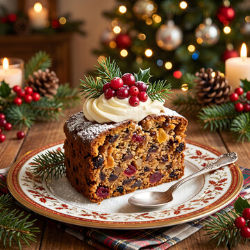 Slice of Christmas fruitcake with whipped cream and berries on festive plate