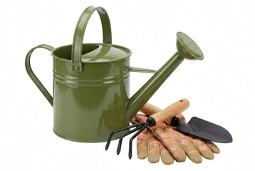 Green Watering Can with Gardening Tools and Gloves © Atreyee