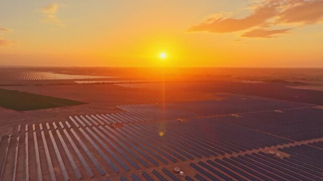 Solar photovoltaic panels at sunrise/sunset; wind turbine power plant; new energy