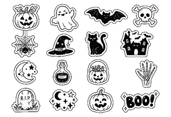 Fototapeta premium Cute Halloween Sticker Icon Set with Pumpkin and Ghost