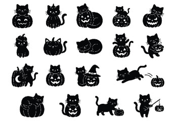 Obraz premium Black Cat and Pumpkin Silhouette Icon Set