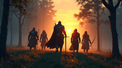 Fototapeta premium A battle-worn knight leads a group of heroes through a misty forest at dawn
