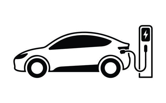 Black silhouette icon of an electric car charging at a power station isolated on a white background