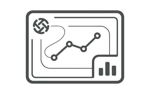 Black outline icon of a financial business graph board with data points and charts isolated on a clean white background