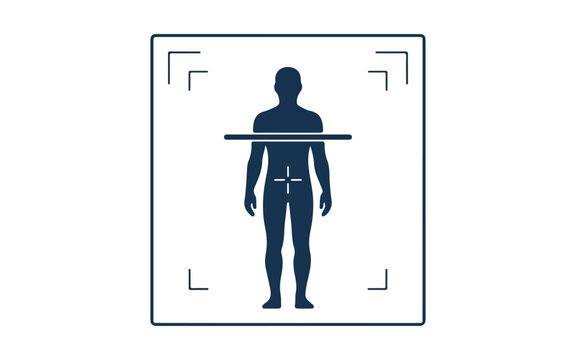 Dark blue silhouette of a human body standing inside a scanning frame isolated on a white background for medical technology design