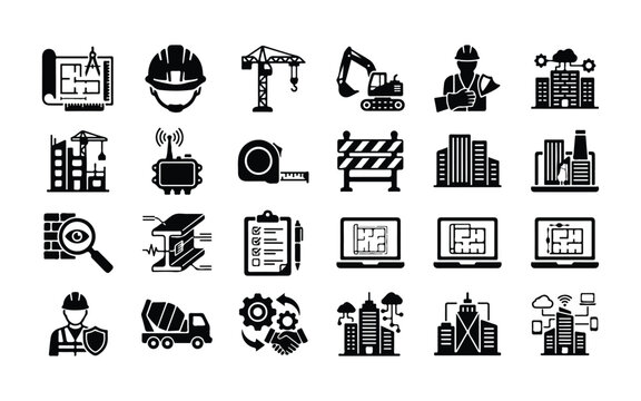 Set of black construction and building industry icons featuring cranes excavators blueprints and engineering tools for architecture