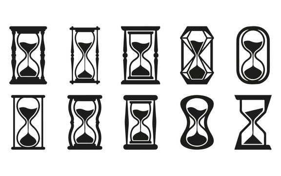 Set of black hourglass silhouette icons representing time management and deadline concepts isolated on a white background