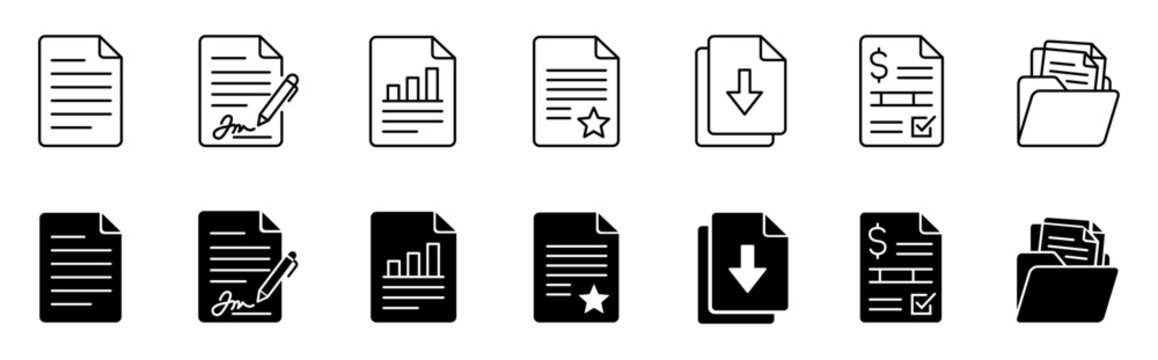 Document and file management vector icon set featuring contract, report, invoice, and folder symbols in line and filled styles for web UI design.