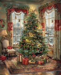 Obraz premium Classic Christmas card with a beautifully decorated tree, presents, and warm holiday message