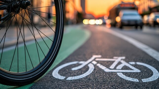 A close-up of a bicycle wheel on a marked bike lane with cars and city lights blurred in the background during sunset.