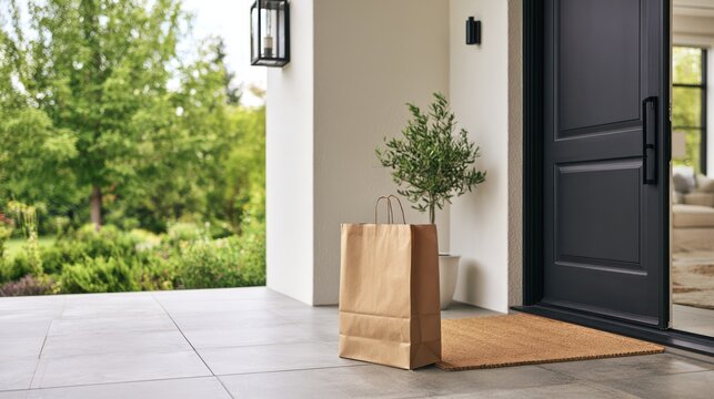 A brown paper bag is placed on a doormat outside a modern house entrance with a black door and greenery in the background.