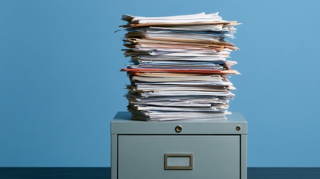 Tall stack of assorted papers and documents piled on top of a gray metal filing cabinet against a solid blue background with visible edges and textures