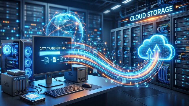 Cloud storage data transfer visualized in server room with global network representing digital infrastructure and information technology solutions