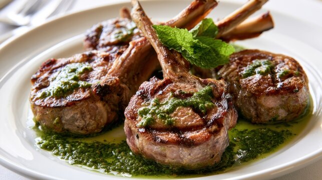 Close-up of grilled lamb chop with green herb sauce and fresh mint garnish served on white ceramic plate for fine dining meal
