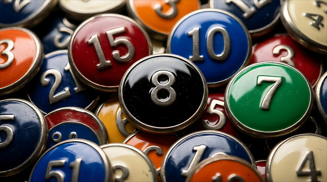A tight macro composition filled with shiny round metal-framed badges displaying various numbers in bright colors with a central black number 8.