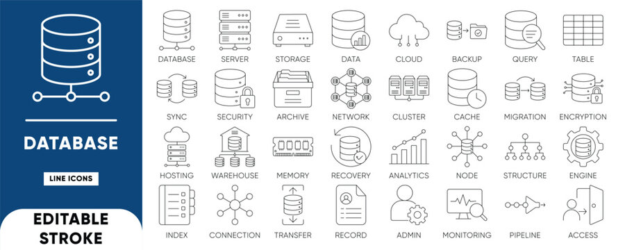 Database and server line icon set. Editable stroke vector icons for cloud storage, big data, network, hosting, and analytics. Clean modern design.