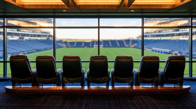 Luxurious private suite seating with leather chairs overlooks an expansive, empty stadium field through large panoramic windows.
