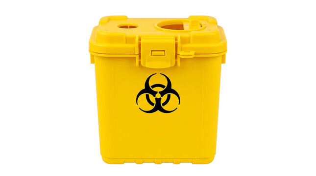 Yellow biohazard sharps bin for biotechnology and genetic engineering