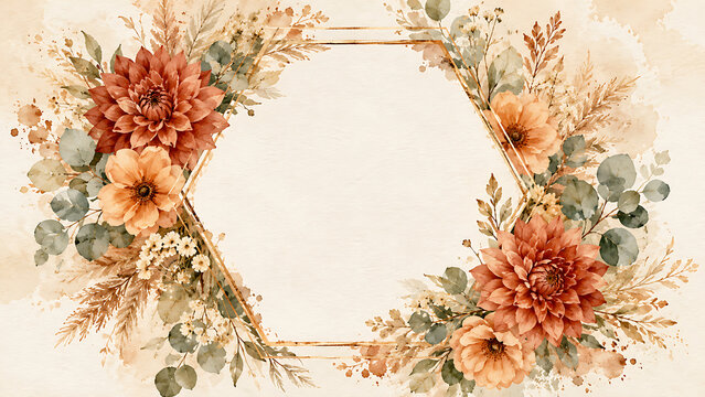 Watercolor floral frame with autumn orange flowers and leaves surrounding a blank hexagon.