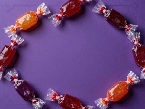 Colorful wrapped hard candies arranged in a circular border