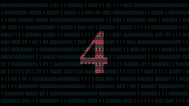 Digital countdown number four with red binary code overlay on dark matrix background, for tech presentations, and motion