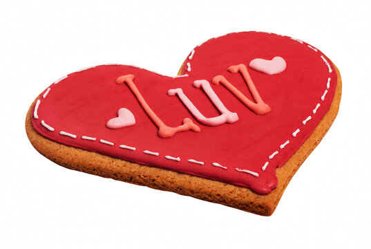 Heart Shaped Gingerbread Cookie with Red Icing and Luv Message