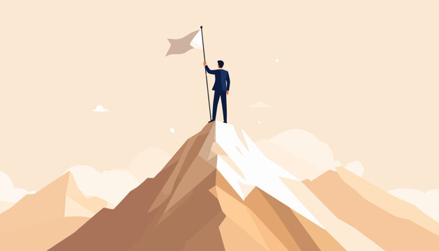Businessman standing on top of a mountain peak holding a flag representing leadership success and personal achievement goal