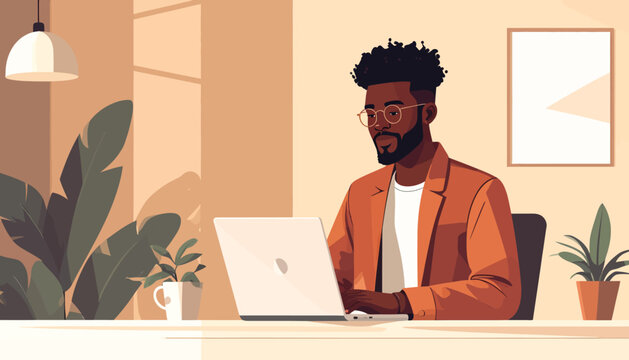 Young African American professional man working on a laptop in a bright modern home office with houseplants and warm lighting illustration