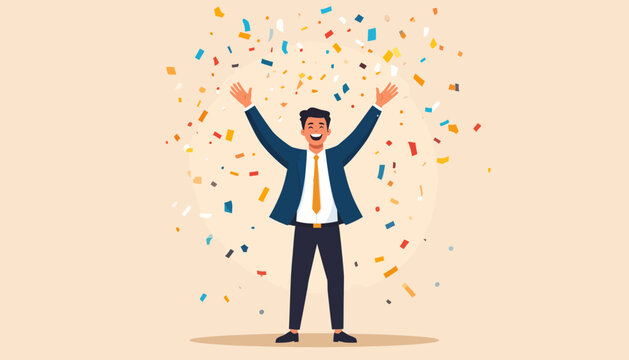 Happy Businessman Celebrating Success and Achievement with Falling Confetti Vector Illustration
