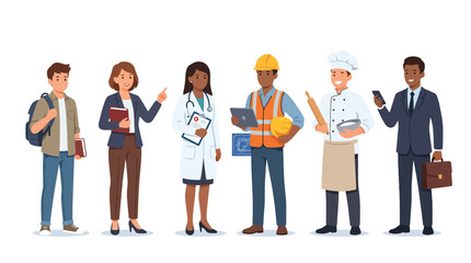 Obraz premium Diverse professionals and student standing together in flat design